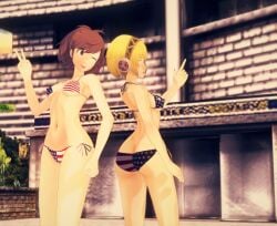 4th_of_july aigis_(persona) american_flag_bikini ass back_to_back blonde_hair blue_eyes breasts brown_eyes brown_hair butt hotel humanized koikatsu kotone_shiomi peace_sign persona_3 persona_3_reload pointing poolside trees
