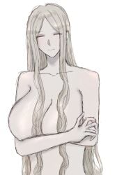big_breasts cleavage closed_eyes completely_nude fear_and_hunger female female_only genderswap_(mtf) huge_breasts long_hair nosramus nude pale-skinned_female pale_skin platinum_blonde_hair rule_63 smile solo upper_body very_long_hair wavy_hair white_hair