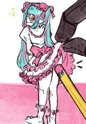blue_hair butt drdollx_(artist) lolita_fashion looking_back micro pencil poking prosthetic_arm size_difference