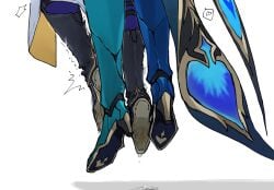 2boys aqua_boots asymmetrical_footwear aventurine_(boss)_(honkai:_star_rail) aventurine_(honkai:_star_rail) black_boots black_cape blue_boots blue_pants boots cape commentary cum ferii flying footwear_focus from_behind heart high_heel_boots high_heels highres honkai:_star_rail honkai_(series) jacket lifting_person male_focus mismatched_footwear multiple_boys pants sex sex_from_behind shadow simple_background speech_bubble spoken_heart stealth_sex sunday_(honkai:_star_rail) trembling two-sided_fabric two-sided_jacket untranslatable_commentary white_background white_jacket yaoi yellow_jacket