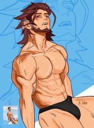 1boy abs big_breasts big_pecs black_speedo emre emre_(overwatch) emre_sarioglu happy_trail looking_at_viewer male male_only muscular_male overwatch reference_image solo solo_male speedo sweat sweaty_body veins