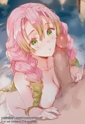1boy 1girl 2026 ai_generated blush braid breasts cleavage cocomiyart collarbone completely_nude erection gradient_hair green_eyes green_hair hair_between_eyes hetero highres imminent_fellatio kanroji_mitsuri kimetsu_no_yaiba kneeling large_breasts long_hair looking_at_viewer mixed-sex_bathing mole mole_under_each_eye mole_under_eye multicolored_hair multiple_moles nsfw nude onsen parted_lips partially_submerged penis penis_awe penis_on_face pink_hair pink_nails shared_bathing solo_focus tri_braids twin_braids uncensored water