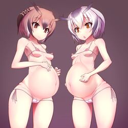 2girls 89_(hakkyuu) blush breasts brown_eyes brown_hair cameltoe cupless_bra eurasian_eagle_owl_(kemono_friends) grey_hair groin kemono_friends micro_bikini multiple_girls navel nipples northern_white-faced_owl_(kemono_friends) petite pregnant ready_to_pop small_breasts swimsuit white_bikini