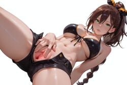1girl ai_generated black_bikini brown_hair glossy_skin green_eyes hand_on_pussy large_breasts looking_at_viewer nipples noirq ponytail pussy re:zero_kara_hajimeru_isekai_seikatsu shaula_(re:zero) shorts solo spread_pussy