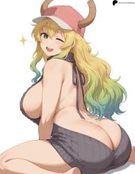 1girl 1girls ai_generated ass back bangs bare_shoulders blonde_hair blue_hair breasts butt_crack dragon_girl dragon_horns green_eyes green_hair happy hat hi_res high_quality high_resolution highres horns kobayashi-san_chi_no_maidragon large_breasts light light_blush looking_at_viewer lucoa lucoa_(maidragon) miss_kobayashi's_dragon_maid multicolored_hair no_bra no_panties no_pants nose one_eye_closed opal_nemy open_mouth patreon_logo patreon_url patreon_username pink_headwear plain_background quetzalcoatl_(dragon_maid) self_upload shadow shiny shiny_clothes shiny_hair shiny_skin simple_background sitting sleeveless sleeveless_sweater sleeveless_turtleneck soles solo star_(symbol) sweater thighs turtleneck turtleneck_sweater upper_teeth_only virgin_killer_sweater wariza watermark white_background