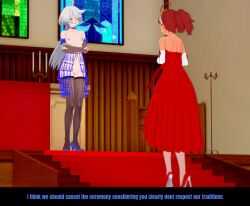 2girls breasts casual_nudity change_in_common_sense condom condom_accessories exhibitionism functionally_nude gaslighting gloves gundam gundam_suisei_no_majo high_heels miorine_rembran no_panties pussy randomfella0 stockings suletta_mercury text