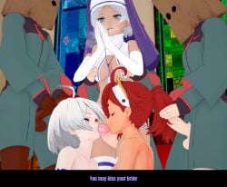 3boys 3girls after_fellatio barely_clothed black_male breasts breath_cloud change_in_common_sense condom condom_accessories cucked_lesbian cum_in_mouth functionally_nude gloves gundam gundam_suisei_no_majo hairjob kissing_penis kissing_penis_tip miorine_rembran questionable_consent randomfella0 secelia_dote stockings suletta_mercury text white_male