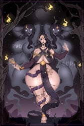 3girls big_breasts big_hips black_hair goddess greek_mythology hecate hecate_(mythology) milf mommy night nighttime powers skimpy skimpy_clothes snake spirit spooky thick thick_thighs triple_persona voluptuous voluptuous_female wide_hips witch