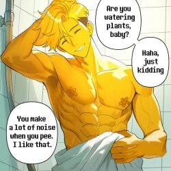 1:1 1boy 2026 abs blonde_hair closed_eyes color colored deltarune deltarune_chapter_5 dialogue digital_drawing_(artwork) digital_media_(artwork) english_dialogue english_text flower_nipples flowery funny hi_res high_resolution highres humor korokon male male_only meme muscles muscular muscular_male short_hair shower solo solo_male speech_bubble standing text toned toned_body toned_male towel towel_only yellow_body yellow_skin