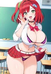 1girls ai_generated breasts dolphin_wave green_eyes huge_breasts one_side_up open_mouth red_hair sakimiya_iruka school_uniform skirt