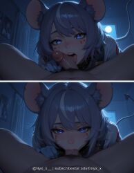 1boy 1girl ai_generated animal_ears blue_eyes blush erection explicit facial_mark fellatio gloves grey_hair heart heart-shaped_pupils hetero licking licking_penis looking_at_viewer male_pubic_hair mouse_ears mouse_girl mouse_tail night nyx_x open_mouth oral penis pov pubic_hair saliva short_hair solo_focus symbol-shaped_pupils tail tongue tongue_out uncensored upper_teeth_only virtual_youtuber