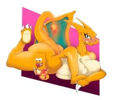 angry angry_expression angry_face arms_crossed_under_breasts bart_simpson big_breasts big_butt big_female big_tail blue_eyes breasts charizard charmander generation_1_pokemon pikachu_mostacho pokemon pokemon_(species) simple_background simpsons smaller_male smiling