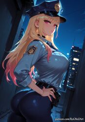 1girl 2026 ai_generated anime ass bangs barbell_piercing belt black_choker blonde_hair blue_pants blue_shirt boobs breast_pocket breasts buttocks choker cleavage collared_shirt crossover ear_piercing earrings eye_contact female female_focus gradient_hair hand_on_hip hat highres huge_breasts industrial_piercing jewelry kitagawa_marin large_breasts long_hair long_sleeves looking_at_viewer looking_back marin_kitagawa multicolored_hair my_dress_up_darling nail_polish necktie night night_sky nsfw outdoors pants parted_lips patreon patreon_username piercing pink_eyes pink_hair pink_nails pocket police police_hat police_uniform policewoman pouch red_eyes rognezart shirt sky solo sono_bisque_doll_wa_koi_wo_suru thick_thighs thighs tight uniform very_long_hair