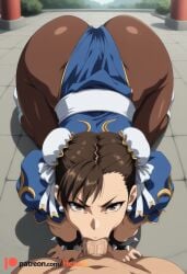 1boy 1girl :>= ai_generated all_fours artist_name ass blue_dress bracelet breasts brown_eyes brown_hair brown_legwear brown_pantyhose bun_cover china_dress chinese_clothes chun-li clothed_female_nude_male double_bun dress earrings erection fellatio from_above hair_bun hetero hexogen jewelry large_breasts leotard looking_at_viewer mosaic_censoring nude oral pantyhose patreon_logo patreon_username pelvic_curtain penis pov puffy_short_sleeves puffy_sleeves sash short_hair short_sleeves solo_focus spiked_bracelet spikes street_fighter thick_thighs thighs tile_floor uncensored