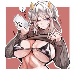 1girls ? big_breasts bikini blue_eyes blush breasts brown_sweater cow_ears cow_horns cow_print cow_print_bikini faust_(limbus_company) flying_sweatdrops holding_glass limbus_company looking_at_viewer medium_hair pale-skinned_female pale_skin project_moon qdphatie shirt shirt_lift simple_background solo spoken_question_mark stomach sweater sweater_lift turtleneck turtleneck_sweater upper_body white_hair