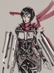 1girls abs attack_on_titan black_hair blood_stain female female_only mikasa_ackerman solo_female