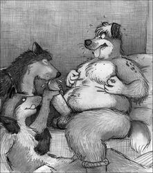 anthro balls bd belly black_and_white canine claws closed_eyes clothed clothing cum fur group half-closed_eyes hand_on_penis handjob humanoid_penis lying male mammal monochrome navel nipple_pinch nude oral overweight overweight_male pencil_(artwork) penis pinch saliva sex sitting slightly_chubby tongue tongue_out topless traditional_media_(artwork) whiskers yaoi