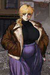 ? big_breasts blonde_hair bomber_jacket chubby chubby_female fear_and_hunger fear_and_hunger:_termina female female_only fully_clothed huge_breasts jacket karin_(fear_and_hunger) looking_at_viewer ponytail solo turtleneck wide_hips