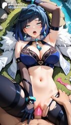 1boy 1girls 2026 ai_assisted ai_generated anime boobs breasts bust cock condom condom_wrapper dick earrings female_genitalia fur_trim genitals genshin_impact gloves hetero hi_res high_quality high_resolution highres hoyoverse jewelry love_making mihoyo navel patreon patreon_username penetration penis pussy sex sexual_intercourse skypassion stable_diffusion tits torn_clothes uncensored_pussy uncensored_vagina used_condom vaginal watermark yelan_(genshin_impact)