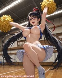 1girl :d ai_generated aianoart alternate_costume arm_up armpits arms_up bangs bare_shoulders bayonetta bayonetta_(character) black-framed_eyewear black_hair blue_eyes blue_shirt blush breasts ceiling_light cheering cheerleader clothes_lift crop_top earrings glasses hair_ribbon high_ponytail holding holding_pom_poms indoors jewelry large_breasts leg_up long_hair looking_at_viewer midriff miniskirt mole mole_under_mouth navel nipples no_bra open_mouth panties pleated_skirt pom_pom_(cheerleading) ponytail red_ribbon ribbon shirt shirt_lift shoes skirt sleeveless sleeveless_shirt smile sneakers socks solo standing standing_on_one_leg stomach sweat swept_bangs thighs underboob underwear upper_teeth_only very_long_hair white_footwear white_panties white_skirt white_socks