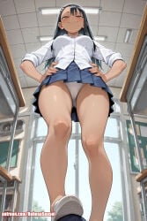 ai ai_art ai_generated anus ass black_hair classroom dark-skinned_female dark_nipples dark_skin femdom hayase_nagatoro large_breasts long_hair nude pleated_skirt pussy robosusensei school_uniform schoolgirl smug stepped_on white_panties