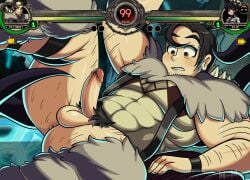 beowulf_(skullgirls) blushing filia_(skullgirls) hairy_male health_bar legs_up looking_down male_focus mawile123 muscular_male penis pubic_hair ripped_pants samson_(skullgirls) skullgirls tagme