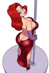 ai_generated backless_outfit blue_eyes dress eyeshadow no_panties opera_gloves red_dress red_hair red_lipstick self_upload stripper_pole