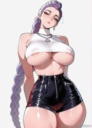 1girls ai_generated areola_slip arms_behind_back bare_shoulders black_shorts braid braided_ponytail breasts brown_eyes closed_mouth covered_nipples cowboy_shot crop_top curvy earrings head_tilt high-waist_shorts huge_breasts jewelry kpop_demon_hunters large_breasts lips long_braid long_hair looking_at_viewer mature_female mole necklace no_bra purple_hair rumi_(kpop_demon_hunters) sakaro shiny shiny_skin shirt short_shorts shorts simple_background single_braid sleeveless solo thick_thighs thighs underboob very_long_hair white_background zipper zipper_pull_tab