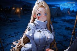 1girl absurdly_long_hair ai_assisted ai_generated anime_screencap blonde_hair blood_splatter blue_theme blush breasts campsite cinematic close_up dark dark_theme detailed_background detailed_clothing detailed_eyes detailed_hair detailed_skin dim_lighting dramatic_lighting dynamic_pose firelight flaccid_penis from_above frowning hands_on_breasts high_quality juliet_sleeves kneeling long_sidelocks long_sleeves looking_at_penis night nikke outside perspective sexy_pose shadow skin_folds stylized thick_body upper_body volumetric_lighting white_dress white_robe white_scarf white_shirt