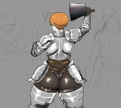 1girls 2boys armor ass ass_focus big_ass crow_mauler d'arce fear_and_hunger female female_focus female_knight fully_clothed guard_(fear_and_hunger) huge_ass knight leggings noyes670333 orange_hair short_hair solo_focus very_short_hair wide_hips