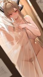 ahoge ai_generated amagi_brilliant_park angry angry_expression angry_face bangs big big_breasts blush blushing_at_viewer brown_hair changing_room covered_navel covered_nipples covering covering_breasts curtain_grab curtains curtains_open embarrassed embarrassed_nude_female hair_antenna hair_intakes hair_ornament hair_ribbon highres light_brown_hair looking_at_viewer messy_hair nude nude_female ponytail pubes pubic_hair ribbon sento_isuzu shy thick_thighs yellow_eyes