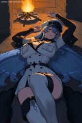 1girl ai_generated blue_eyes blue_hair boots breasts esdeath_(akame_ga_kill) hat hi_res high_quality high_resolution large_breasts long_hair looking_at_viewer lying on_back patreon peaked_cap seductive sexy solo thighhighs uncensored uniform very_long_hair watermark