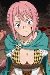 1girl absurdly_long_hair ai_assisted ai_generated anime_coloring anime_screencap armor bangs bikini_armor blood_splatter braid brown_eyes brown_gloves campsite cape cleavage close_up firelight flaccid_penis french_braid frowning gloves green_cape high_quality jewelry juliet_sleeves kneeling long_hair long_sidelocks long_sleeves looking_at_penis looking_at_viewer necklace night one_piece outside pink_hair pose rebecca_(one_piece) simple_background single_braid solo standing upper_body white_background white_dress white_robe