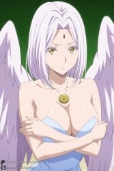 1female 1girl 1girls 2026 ai_generated artist_name bangs bare_shoulders big_ass big_breasts blue_dress breasts cleavage closed_mouth collarbone crossed_arms curvy dress feathered_wings forehead_jewel frey_(tensei_shitara_slime_datta_ken) green_background hi_res high_quality high_resolution highres huge_ass huge_breasts jewelry large_breasts long_hair looking_at_viewer necklace patreon patreon_username solo strapless strapless_dress tensei_shitara_slime_datta_ken unjobdespiert upper_body watermark web_address white_hair white_wings wings yellow_eyes