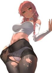 bare_shoulders blush bow bow_panties braid breasts brown_legwear clavicle cowboy_shot crop_top crotch_seam earrings eyebrows_visible_through_hair eyelashes female fully_clothed groin hand_in_pantyhose high_resolution hoop_earrings idolmaster idolmaster_cinderella_girls jewelry jougasaki_mika long_hair long_sleeves looking_at_viewer looking_down maguro_mayonnaise medium_breasts navel off-shoulder_shirt panties_under_pantyhose pantsu pantyhose parted_lips pink_hair pink_panties raised_eyebrows shiny shiny_skin shirt simple_background solo standing stomach sweat tied_hair torn_clothes torn_pantyhose tsurime twin_braids underwear very_high_resolution viewed_from_below white_background white_choker white_shirt yellow_eyes