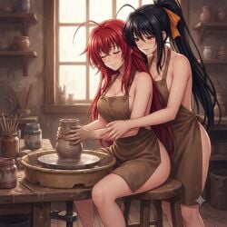 2girls ai_generated akeno_himejima apron big_ass big_breasts blush clay closed_eyes curvy_female female_only girlfriends girls_love high_school_dxd lesbian lesbian_couple lesbian_lovers lesbians naked_apron potters_wheel pottery rias_gremory rias_x_akeno sitting smile thick_thighs voluptuous_female wide_hips wife_and_wife yuri