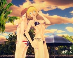 4th_of_july aigis_(persona) american_flag_bikini back_to_back beach blonde_hair blue_eyes breasts brown_hair female_protagonist_(persona_3) humanized koikatsu kotone_shiomi one_finger_up peace_sign persona_3 persona_3_reload posing red_eyes resort sky trees umbrella