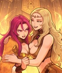 2girls :d ai_generated angry arm_around_shoulder armor asymmetrical_docking bare_arms bare_shoulders blonde_hair blue_eyes bracer breast_press breastplate breasts brooch brown_cape cape circlet cleavage cleavage_cutout clenched_hand cloak clothing_cutout embers eye_contact fire fur-trimmed_cape fur_cape fur_trim gem green_eyes hair_between_eyes hand_on_another's_back hand_on_another's_shoulder hug indoors jewelry large_breasts lips lipstick long_hair looking_at_another medium_breasts midriff mouth_drool multiple_girls navel open_mouth parted_bangs pelt pink_eyes pink_hair purple_eyes purple_hair red_gemstone red_hair red_lips saliva saliva_trail siblings sisters skirt sleeveless smile teeth upper_body upper_teeth_only v-shaped_eyebrows very_long_hair wavy_hair yuri