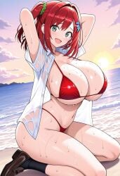 1girls ai_generated breasts dolphin_wave green_eyes huge_breasts one_side_up open_mouth red_bikini red_hair sakimiya_iruka seaside smile