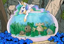 1girls ai-generated ai_edit alicorn chatgpt fishbowl furry inflation laying_on_belly laying_on_stomach massive_belly my_little_pony pony princess_celestia_(mlp) transparent_belly