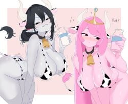 2girls :< :3 adventure_time ass bighugelarge bighugelarge1 bikini bikini_top black_hair cow_horns cow_print cow_print_bikini cow_tail cowbell cowbell_collar crown fangs grey_skin hand_on_own_thigh horns large_breasts leaning_forward long_hair marceline_abadeer marceline_the_vampire_queen milk pink_milk pink_skin pointy_ears princess_bonnibel_bubblegum princess_bubblegum smile
