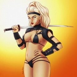 bikini_armor blonde blonde_female blonde_hair breasts female green_eyes katana long_hair medium_breasts simple_background solo solo_female the_elder_scrolls the_elder_scrolls_arena tied_hair
