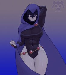 armpits arms_up big_breasts breasts cape dc dc_comics evil_raccoon grey_body leotard muscles muscular muscular_female purple_eyes rachel_roth raven_(dc) superheroine teen_titans thick_thighs tight_clothing tits