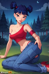1girls 4kids_entertainment ai_generated arm_support armband artist_name ass bare_shoulders blue_eyes blue_hair blue_pants blunt_bangs breasts cleavage collarbone crescent_moon crop_top denim female_human forest grass hi_res high_heels jeans lipstick looking_at_viewer makeup medium_breasts midriff moon musa musa_(winx_club) nature navel nickelodeon night night_sky on_ground outdoors panties pants parted_lips patreon_logo patreon_username pine_tree pussy rainbow_(animation_studio) red_footwear red_lips red_panties red_tank_top rule34lab shirt short_hair sitting sky smile solo star_(sky) tank_top thong torn_clothes torn_pants tree twintails uncensored underwear winx_club