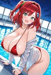 1girls ai_generated breasts dolphin_wave green_eyes huge_breasts one_side_up open_mouth red_bikini red_hair sakimiya_iruka smile