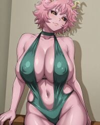 1girls ai_generated big_breasts bikini black_sclera curvy curvy_body curvy_female curvy_figure horn horns huge_breasts large_breasts looking_at_viewer mature_female mina_ashido my_hero_academia nipple_bulge pink_body pink_hair pink_skin seductive seductive_look seductive_smile short_hair sling_bikini solo solo_female yellow_eyes