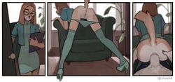 3_panel_comic anal anal_penetration anal_sex anthro brown_hair canine chair comic domestic_dog dress fur furry glasses high_heels legwear pov round_glasses saluki sing_(movie) sing_2_(movie) stopych suki_lane tail