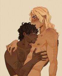 achilles achilles_(mythology) blonde_hair brown_skin bruise facial_hair gay greek_mythology hickey hickey_marks homosexual justvea kiss kissing nude nude_male nudity patrochilles patroclus patroclus_(mythology) the_epic_cycle trojan_war yaoi