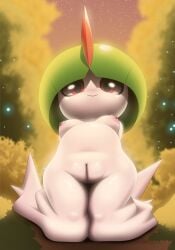 1girl 2026 arms_behind_back blush breasts cub cute female female_focus female_only female_solo full_body hi_res humanoid legs looking_at_viewer nintendo nipples no_navel pokemon pokemon_species pussy ralts red_eyes small_breasts smile solo stomach thick_thighs thighs tzokatli white_body
