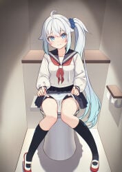 1girl absurdres ahoge black_socks blue_eyes blue_skirt bow bow_panties commentary_request highres indoors kneehighs legs long_hair long_sleeves looking_at_viewer on_toilet original panties panty_pull pleated_skirt pulling_own_clothes pussy_juice_stain sailor_collar school_uniform scrunchie serafuku shirono_mirai shirt shoes side_ponytail sitting skirt socks solo thighs toilet underwear very_long_hair white_hair white_panties white_shirt white_shoes zero_(miraichizu)